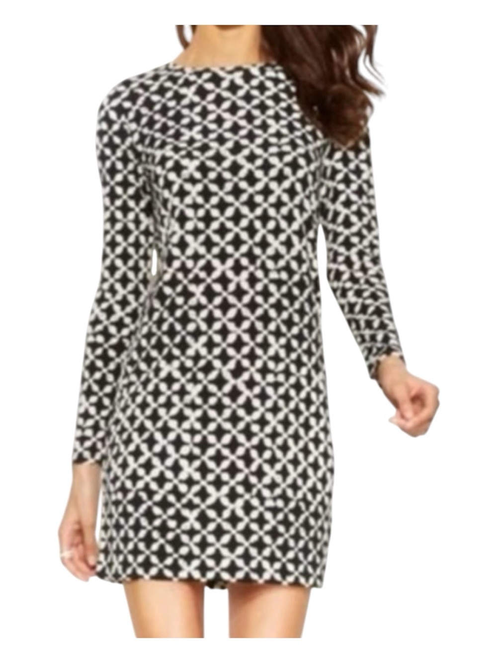 Michael Kors Women’s Black & White Geometric Long-Sleeve Shift Dress Size L